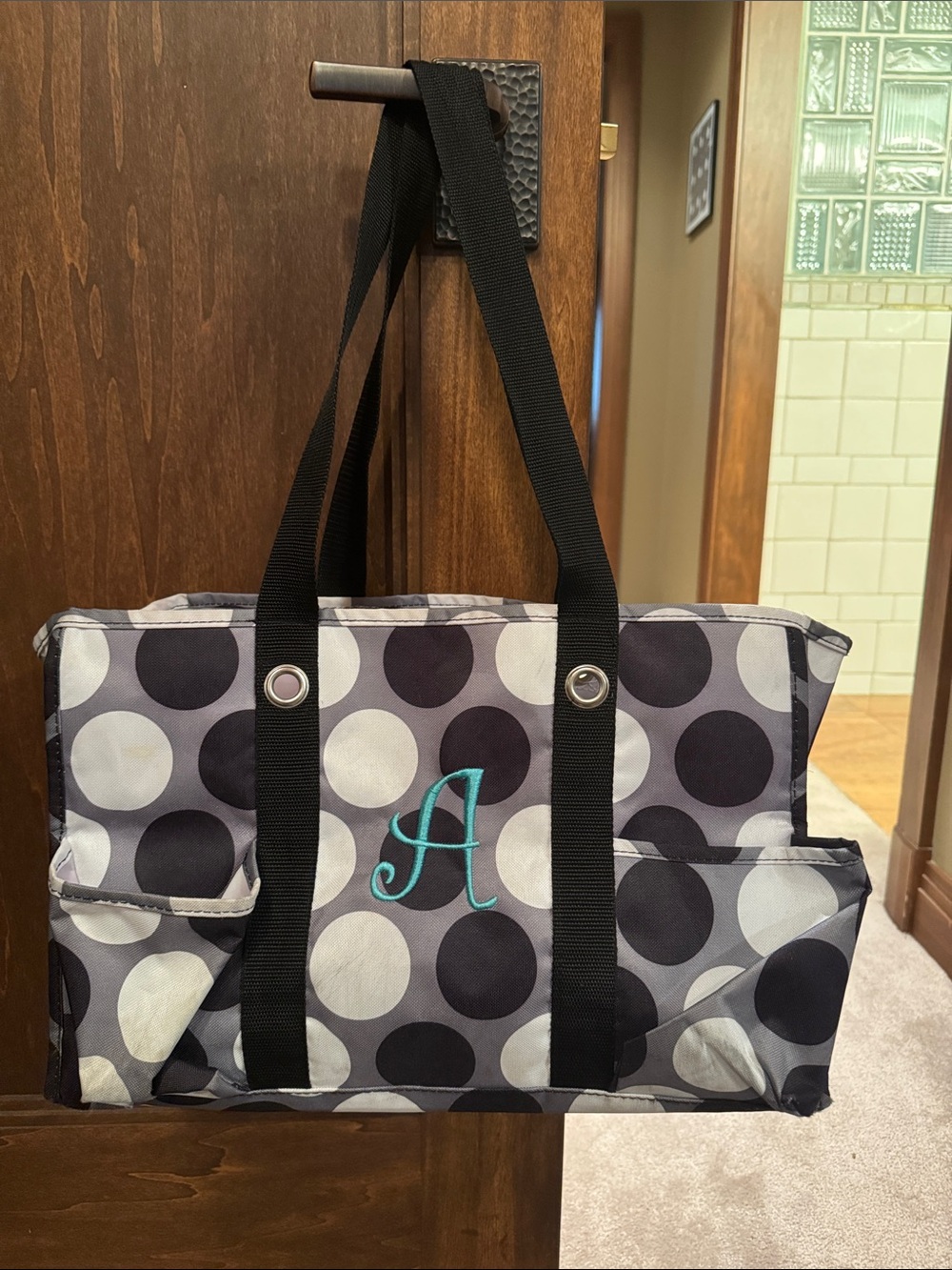 Monogrammed “A” Gray Polka Dot Tote Bag with Black Straps